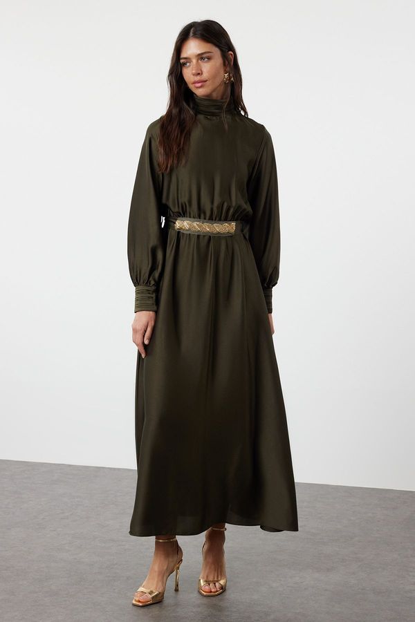 Trendyol Trendyol Khaki Beaded Belted Woven Satin Evening Dress