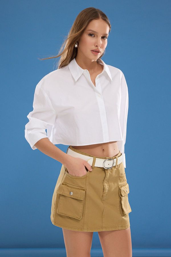 Trendyol Trendyol Khaki Cargo Pocket Detailed Mini Denim Skirt
