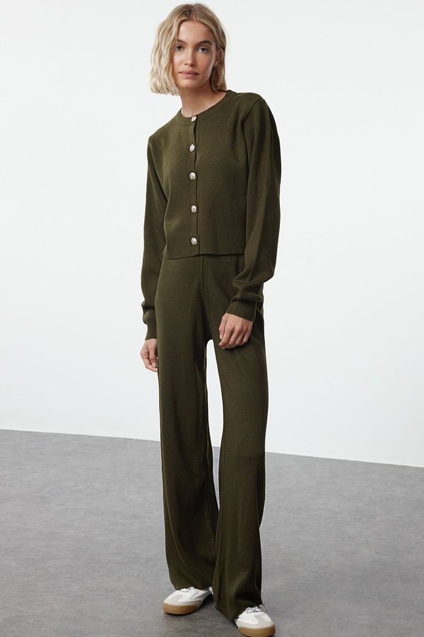 Trendyol Trendyol Khaki Crop Cardigan-Pants Knitwear Bottom-Top Set