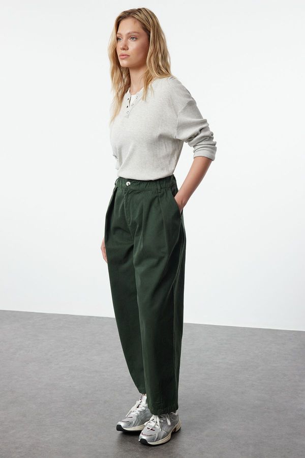 Trendyol Trendyol Khaki Elastic Waist High Waist Barrel Trousers