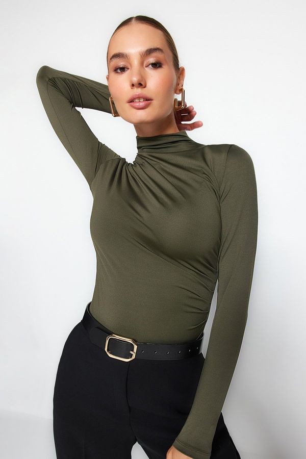 Trendyol Trendyol Khaki Gathered Detailed High Neck Snap Snap Elastic Knitted Body