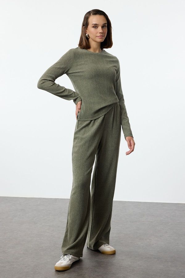 Trendyol Trendyol Khaki High Collar Gather Detailed Normal Waist Wideleg/Wide Leg Knitted Bottom-Top Set