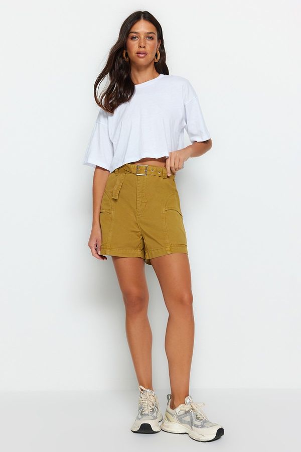 Trendyol Trendyol Khaki High Waist Denim Shorts With Pocket Detailed Belt