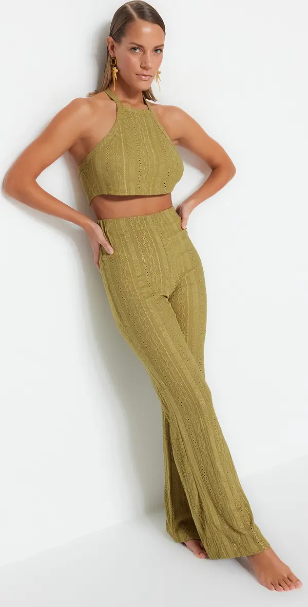 Trendyol Trendyol Khaki Knitted Textured Crop Blouse Trousers Beach Set