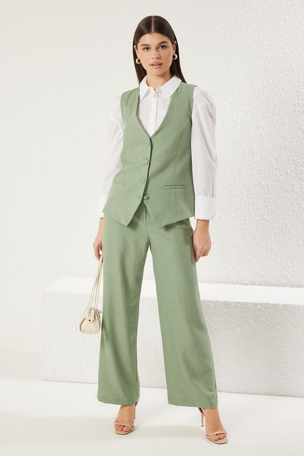 Trendyol Trendyol Khaki Linen Look Stylish Vest Trousers Woven Bottom Top Set