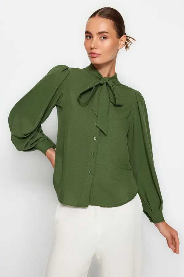 Trendyol Trendyol Khaki Scarf-Length Regular Pattern Woven Shirt with Draped Sleeves