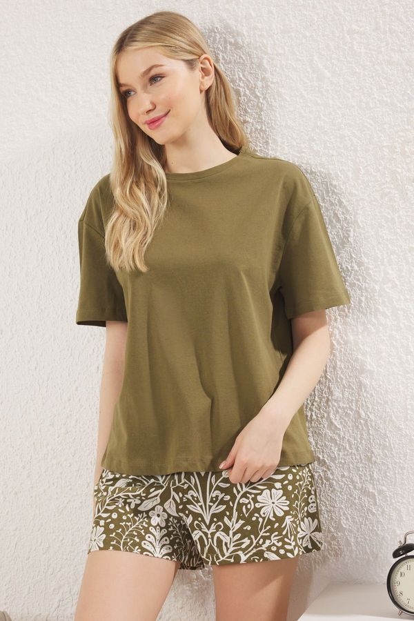 Trendyol Trendyol Khaki Shawl Pattern Knitted Pajama Set with Single Jersey Shorts