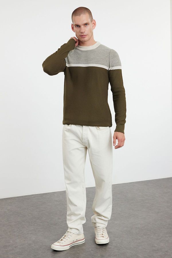 Trendyol Trendyol Khaki Slim Crew Neck Color Blocked Knitwear Sweater