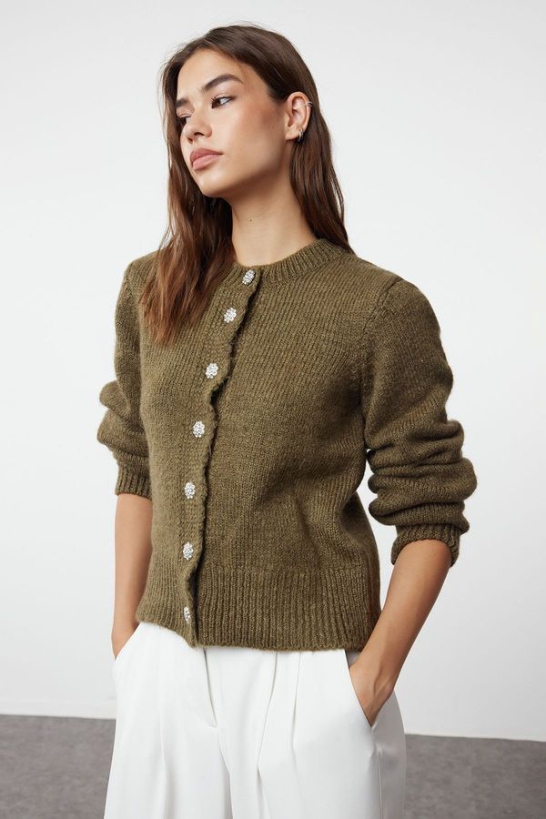 Trendyol Trendyol Khaki Soft Textured Jewel Buttoned Knitwear Cardigan