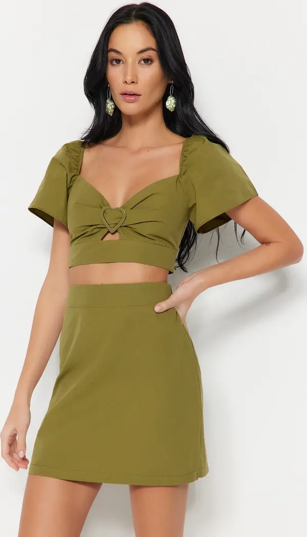 Trendyol Trendyol Khaki Woven With Accessories, 100% Cotton Blouse and Short Set