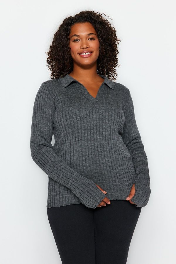 Trendyol Trendyol крива антрацит поло врата трикотаж пуловер с подробни ръкави