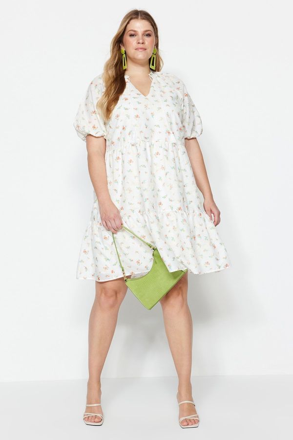 Trendyol Trendyol крива бяла бродирана тъкани V-образно деколте рокля