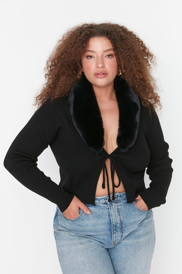 Trendyol Trendyol крива черен разглобяем изкуствена кожа детайл обвързани фини трикотаж жилетка