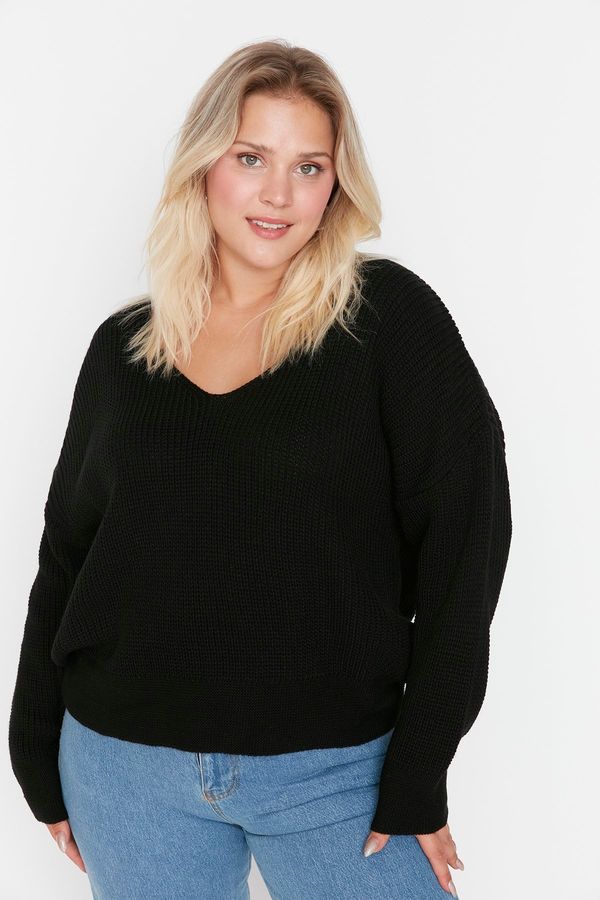 Trendyol Trendyol крива черен V-образно деколте рамото трикотаж пуловер