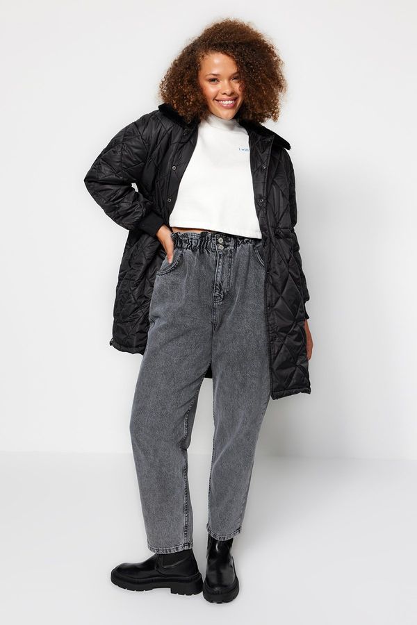 Trendyol Trendyol крива черен ватирани яка плюшени палто