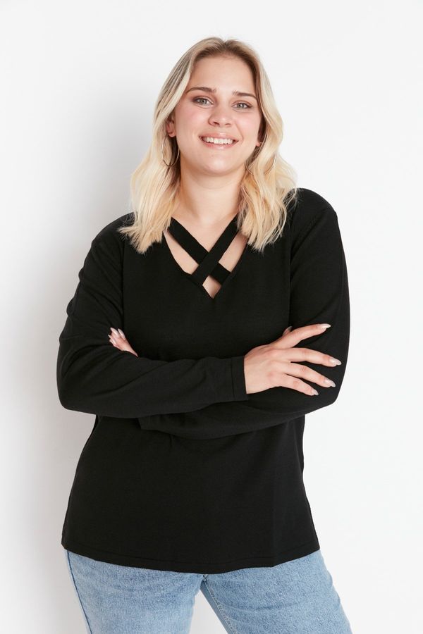 Trendyol Trendyol крива черна яка подробни трикотаж пуловер