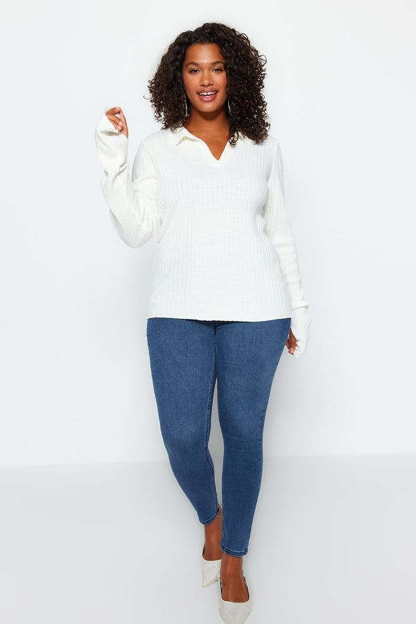 Trendyol Trendyol крива екрю поло врата трикотаж пуловер с подробни ръкави