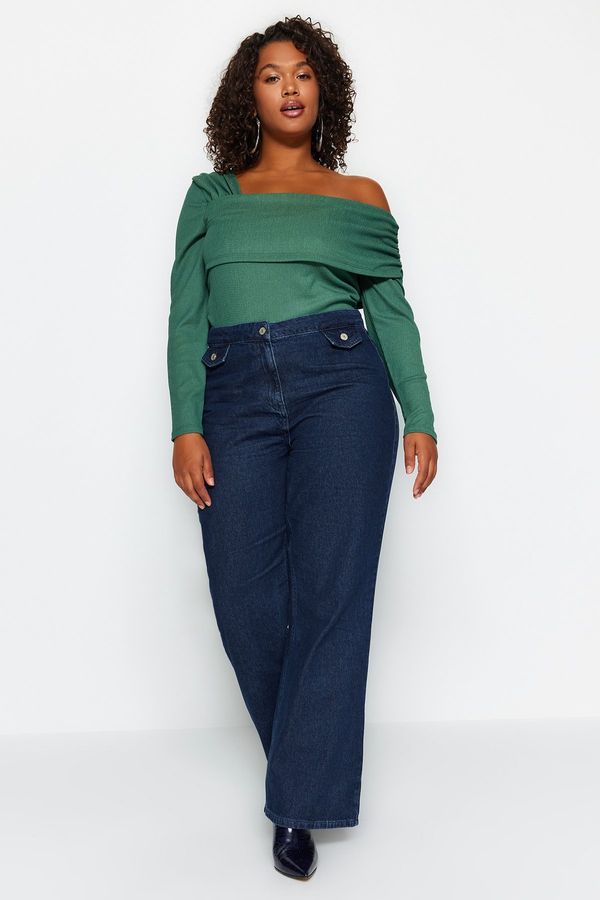 Trendyol Trendyol крива тъмно син джоб клапа подробни широки нарязани дънки