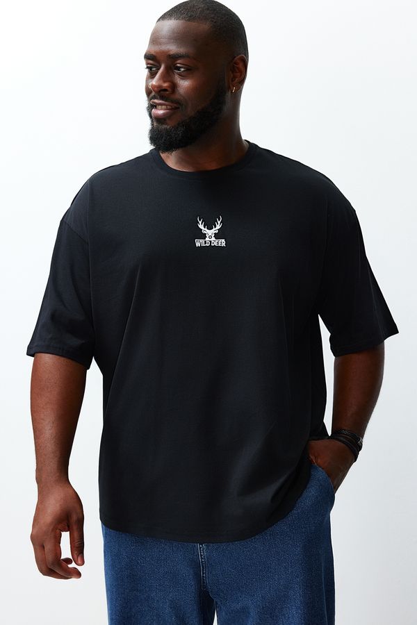 Trendyol Trendyol Large Size Black Oversize Animal Embroidery 100% Cotton Comfortable T-Shirt