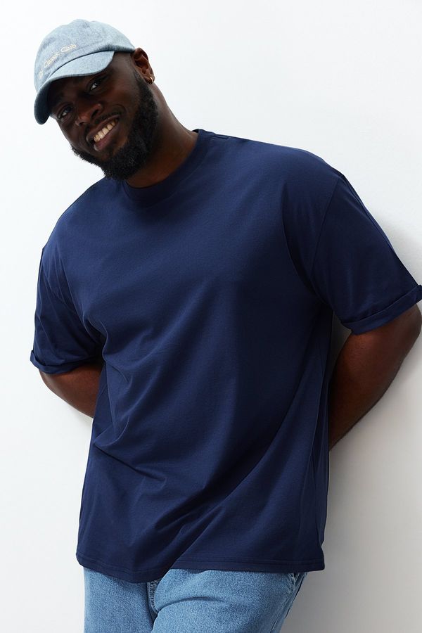 Trendyol Trendyol Large Size Navy Oversize/Wide Cut 100% Cotton T-Shirt