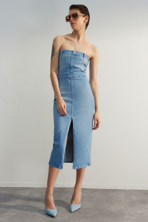 Trendyol Trendyol лед синьо тяло цепка подробни Midi деним стилен вечерна рокля