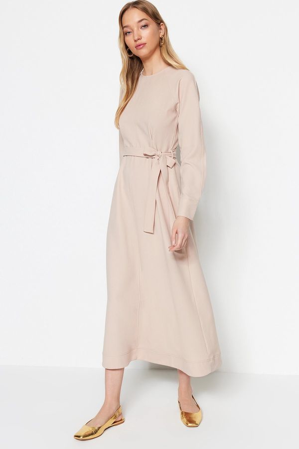 Trendyol Trendyol Light Beige Belted Stitch Detail Woven Dress