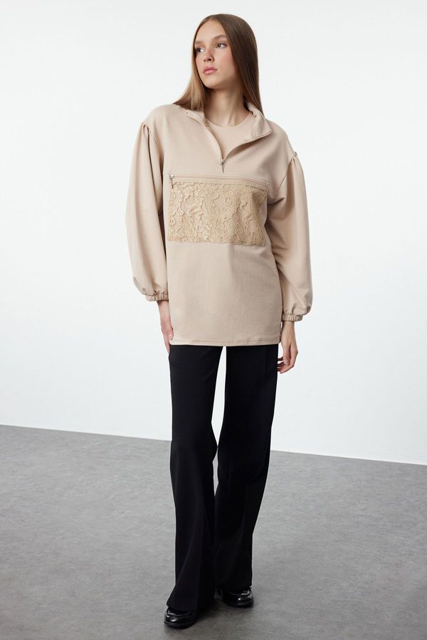Trendyol Trendyol Light Beige Embroidery Pocket Detailed Sweatshirt