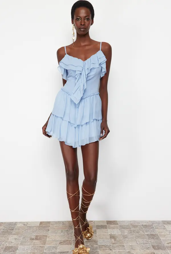 Trendyol Trendyol Light Blue A-Line Ruffled Woven Chiffon Short Dress