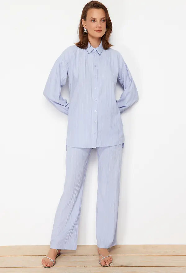 Trendyol Trendyol Light Blue Long Back Wide Leg Shirt-Pants Weave Suit
