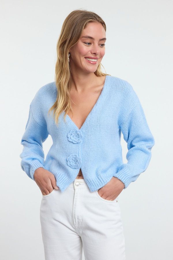 Trendyol Trendyol Light Blue Rose Detailed Knitwear Cardigan