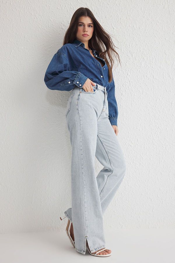 Trendyol Trendyol Light Blue Slit Hem High Waist Wide Leg Jeans