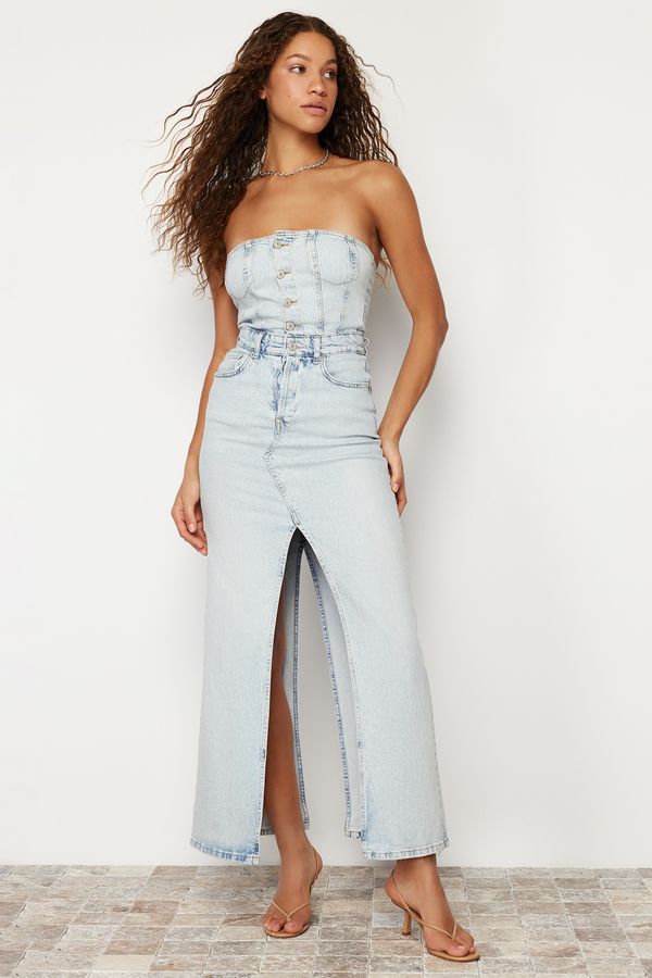 Trendyol Trendyol Light Blue Slit Strapless Maxi Denim Dress