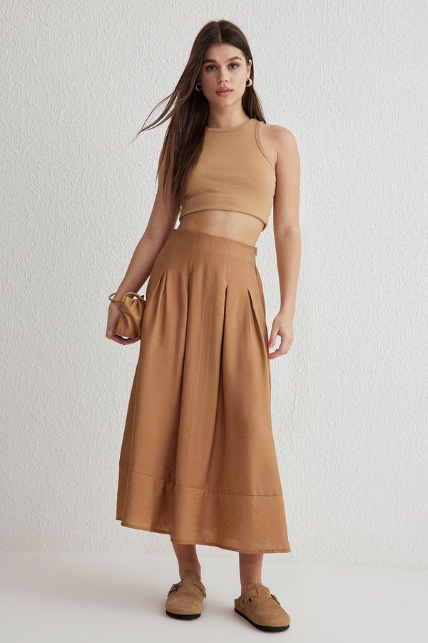 Trendyol Trendyol Light Brown Flowy Fabric A-line Pattern Midi Length Skirt