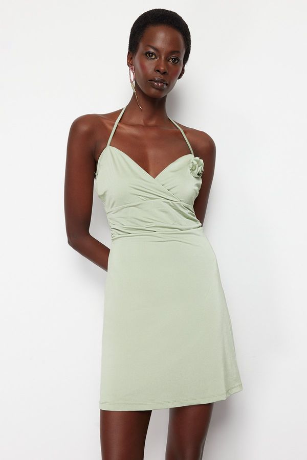 Trendyol Trendyol Light Green A-Cut Floral Detailed Knitted Short Elegant Evening Dress