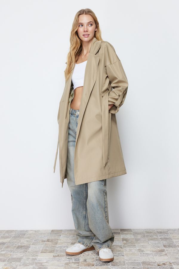 Trendyol Trendyol Light Khaki Oversize Belted Water Repellent Long Trench Coat