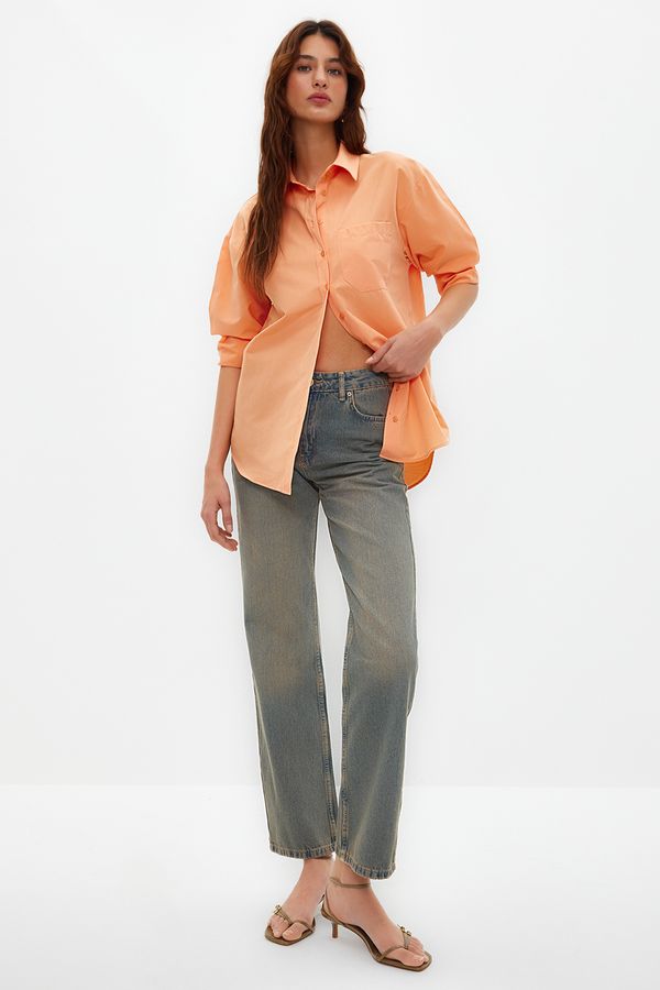 Trendyol Trendyol Light Orange Single Pocket Boyfriend Woven Cotton Shirt
