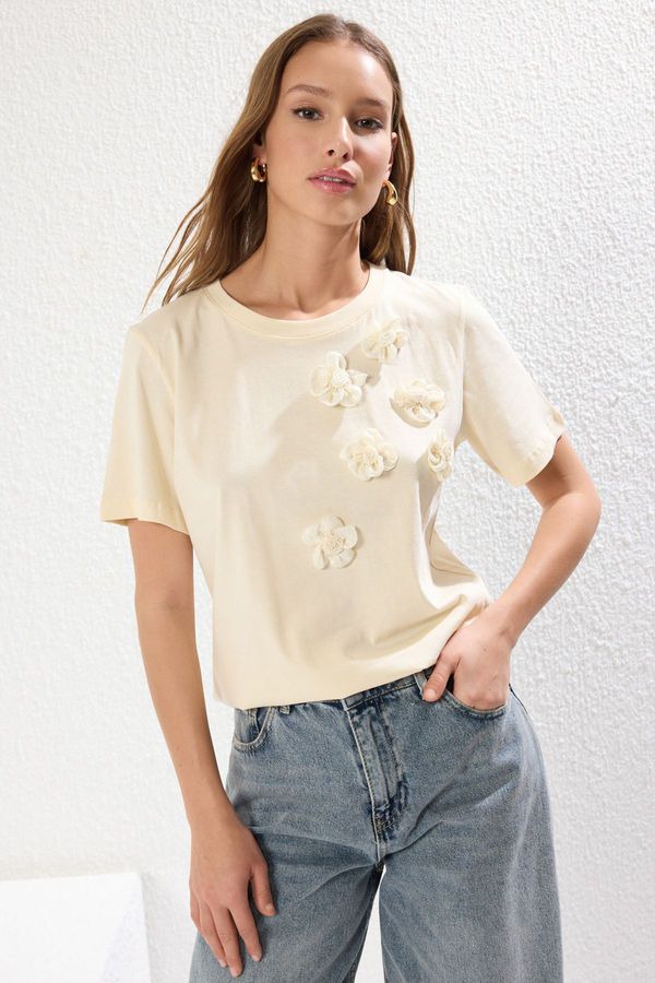 Trendyol Trendyol Light Stone 100% Cotton Accessory Flower Detailed Regular/Normal Pattern Knitted T-Shirt