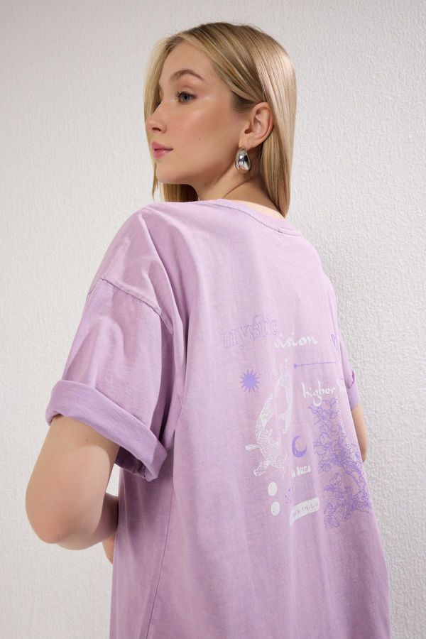 Trendyol Trendyol Lilac 100% Cotton Faded Back Printed Boyfriend Crew Neck Knitted T-Shirt
