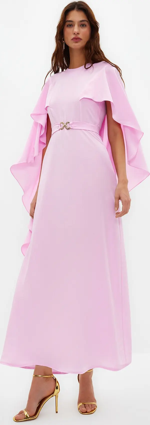 Trendyol Trendyol Lilac Belted Cape Detailed Elegant Woven Evening Dress