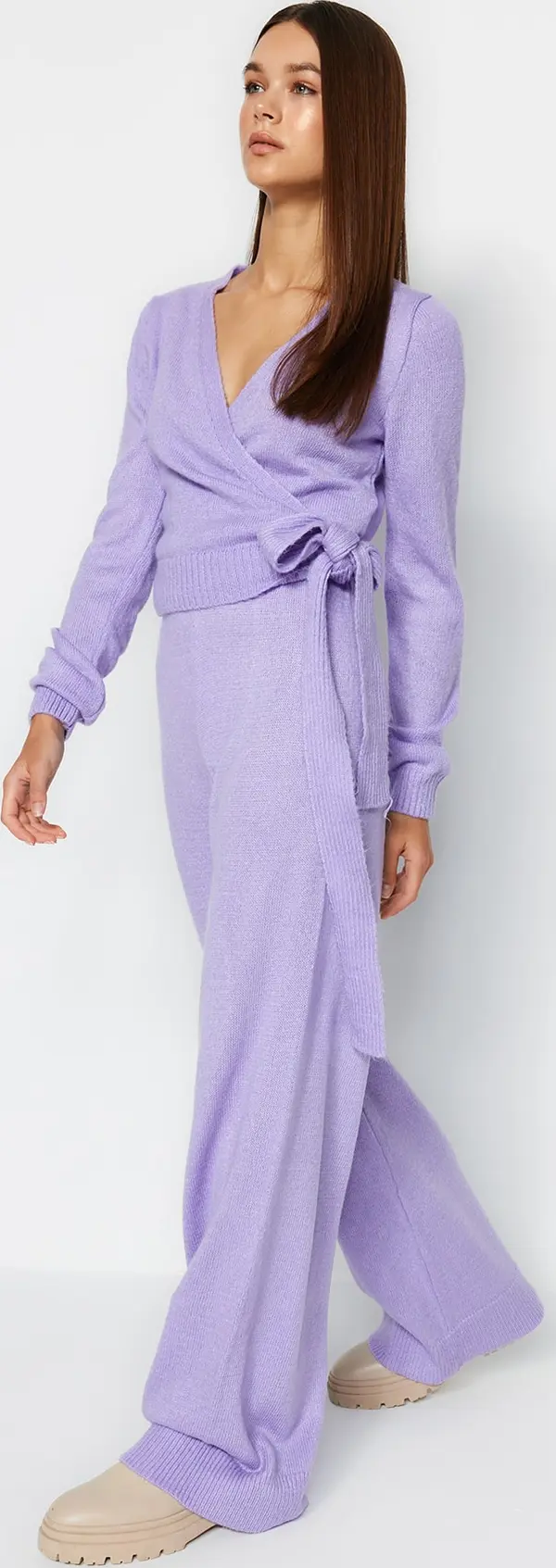 Trendyol Trendyol Lilac Crop Wide Pattern Double Breasted Tie Detailed Knitwear Top-Bottom Set