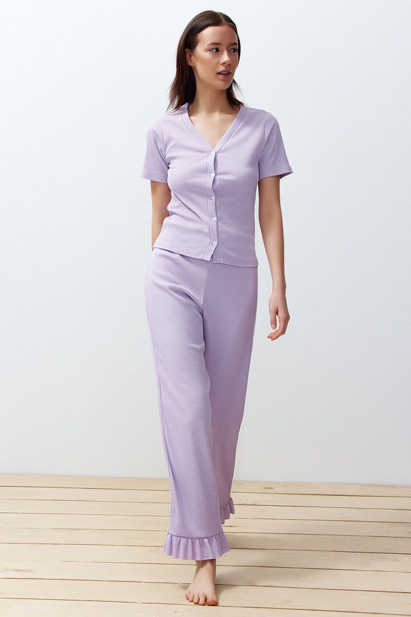 Trendyol Trendyol Lilac Frill Detailed Corded Knitted Pajamas Set