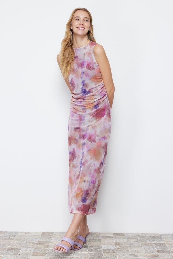 Trendyol Trendyol Lilac Gather/Drape Detailed Abstract Patterned Fitted Maxi Flexible Knitted Pencil Dress
