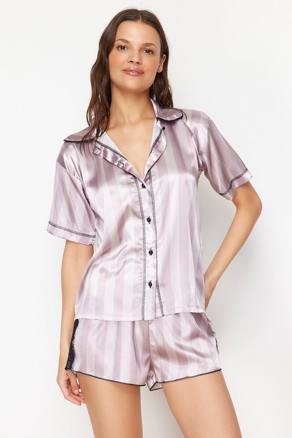 Trendyol Trendyol Lilac-Multicolor Striped Satin Woven Pajamas Set