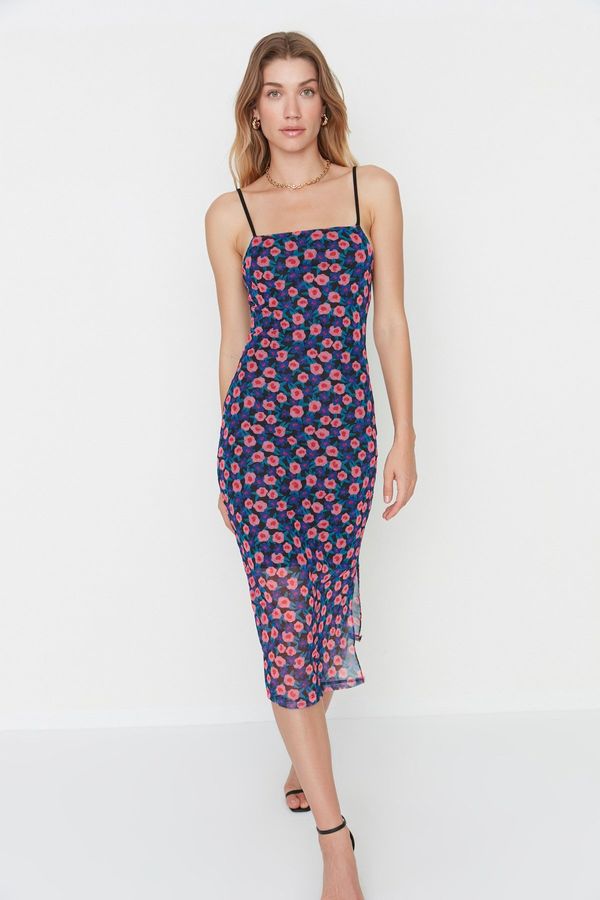 Trendyol Trendyol лилави презрамки монтирани/приплъзване квадратна яка тюл Midi участък плета рокля