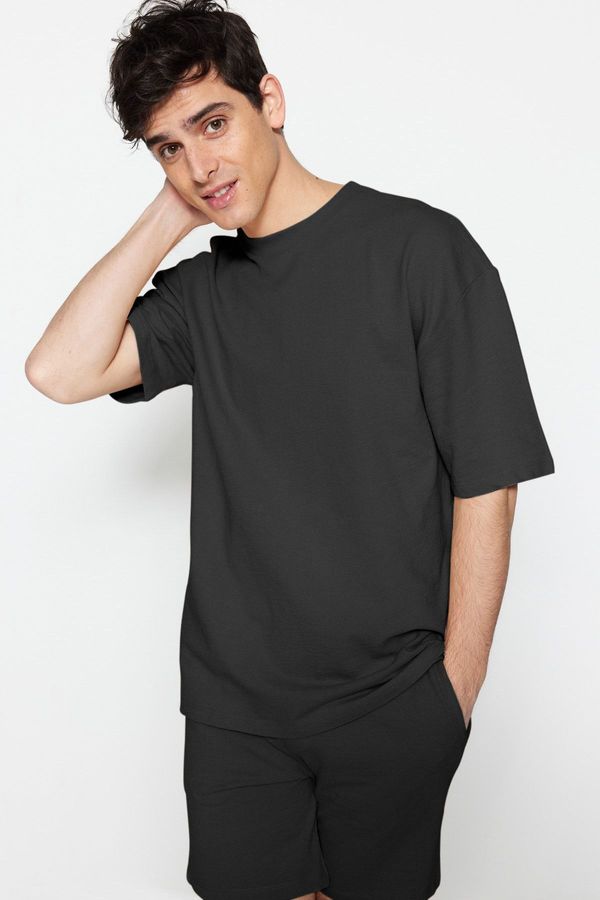 Trendyol Trendyol Limited Edition Anthracite Oversize/Wide Cut Label Embroidered Textured T-Shirt