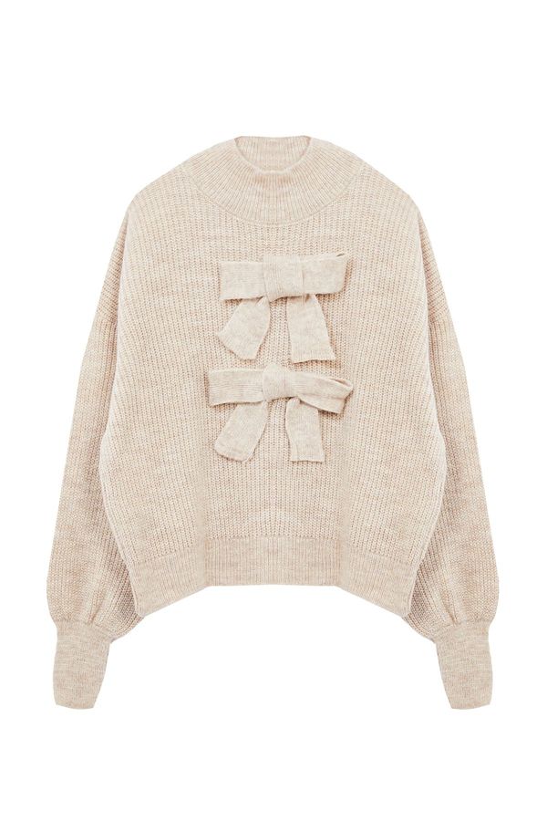 Trendyol Trendyol Limited Edition Beige Soft Textured Rose and Bow Detailed Knitwear Sweater