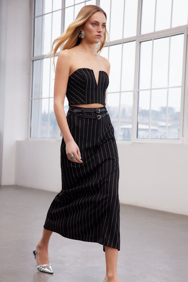 Trendyol Trendyol Limited Edition Black Striped Long Belt Skirt