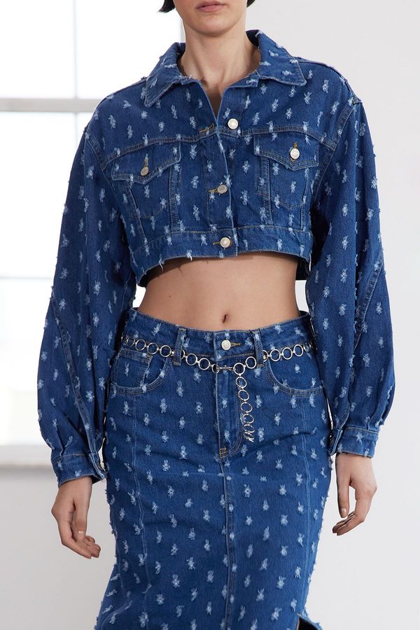 Trendyol Trendyol Limited Edition Blue Textured Crop Denim Jacket
