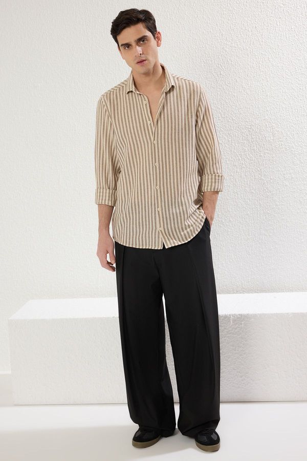 Trendyol Trendyol Limited Edition Brown Regular Fit Striped Textured Shirt
