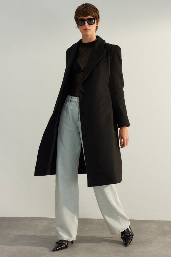 Trendyol Trendyol лимитирана серия черен извънгабаритни широк нарязани вълнен палто